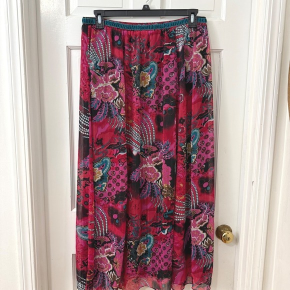 WD.NY Dresses & Skirts - WD.NY‎ Boho Maxi Skirt Sz L Pink Artsy Velvet Waist Shimmer Gypsy  Maximalist